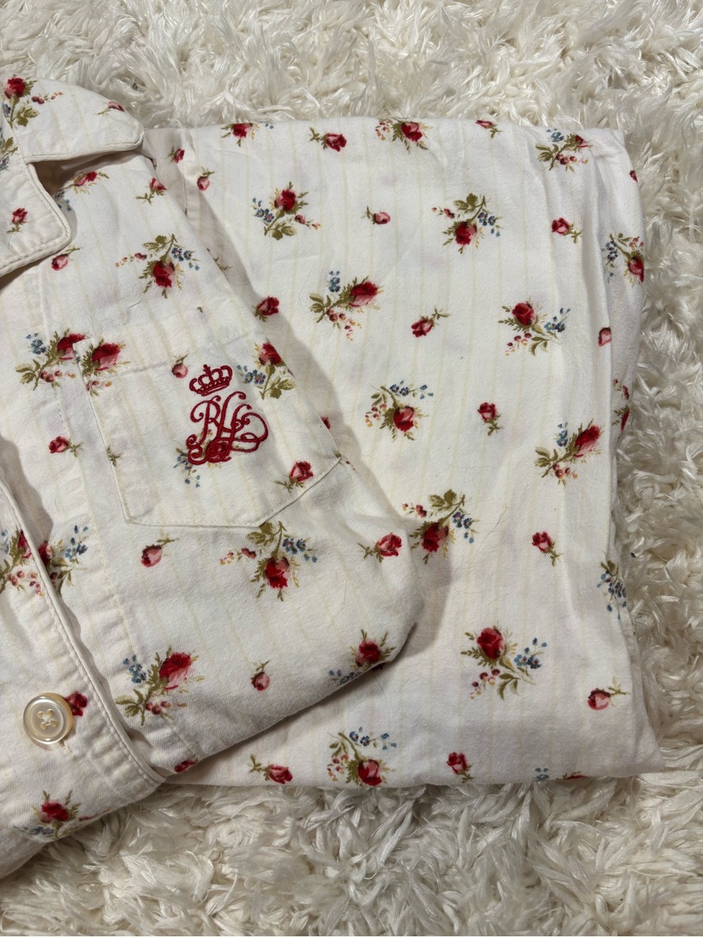 Ralph Lauren White Button-Up Pajama Set with Red Floral Embroidery-PM - Picture 5 of 11